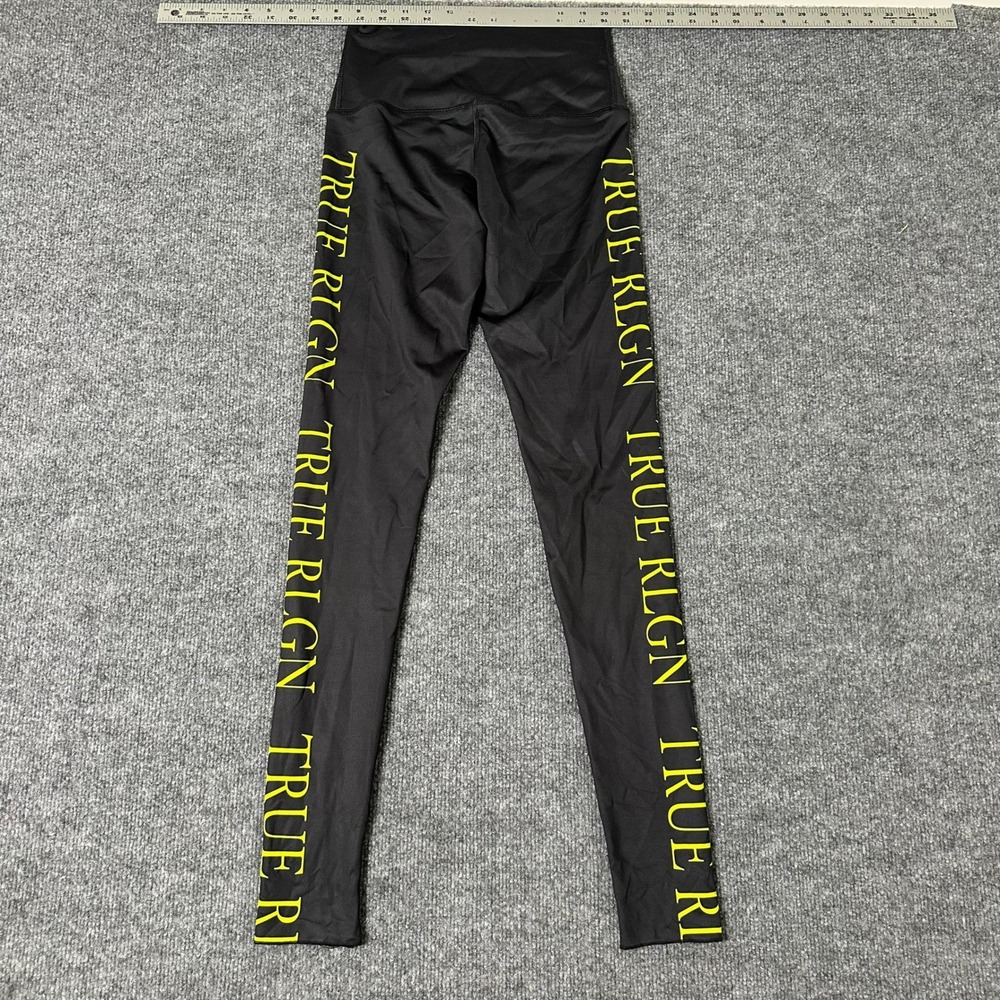 True Religion Leggings Womens Size M Black Yellow Logo High Waisted Athletic Gym
